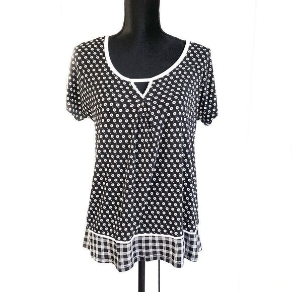 Kensie Top Round Neck Keyhole Black White Short Sleeve Plus Size Small - Picture 1 of 5